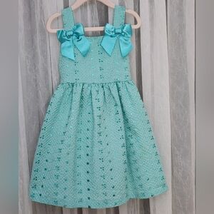 Jessica Ann Aqua Checkered Kids Dress with Bows